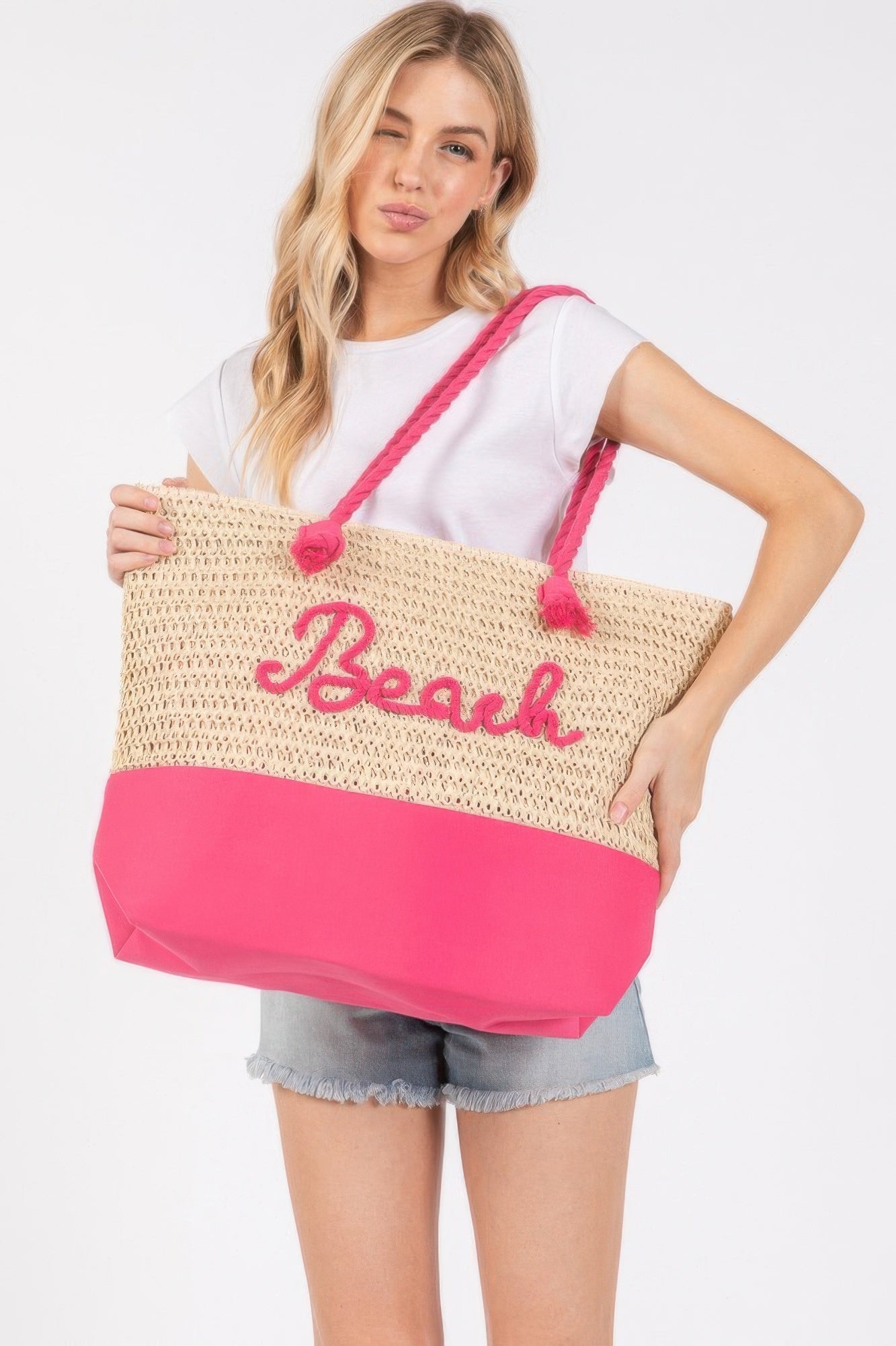 Color Sewn Rope Beach Letter And Strap Crochet Fabric Tote - Wear Arielle