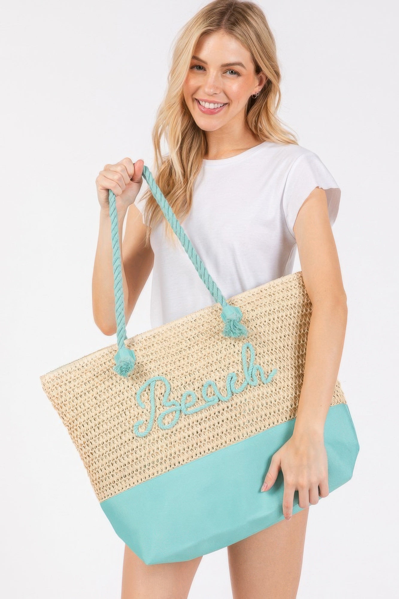Color Sewn Rope Beach Letter And Strap Crochet Fabric Tote - Wear Arielle