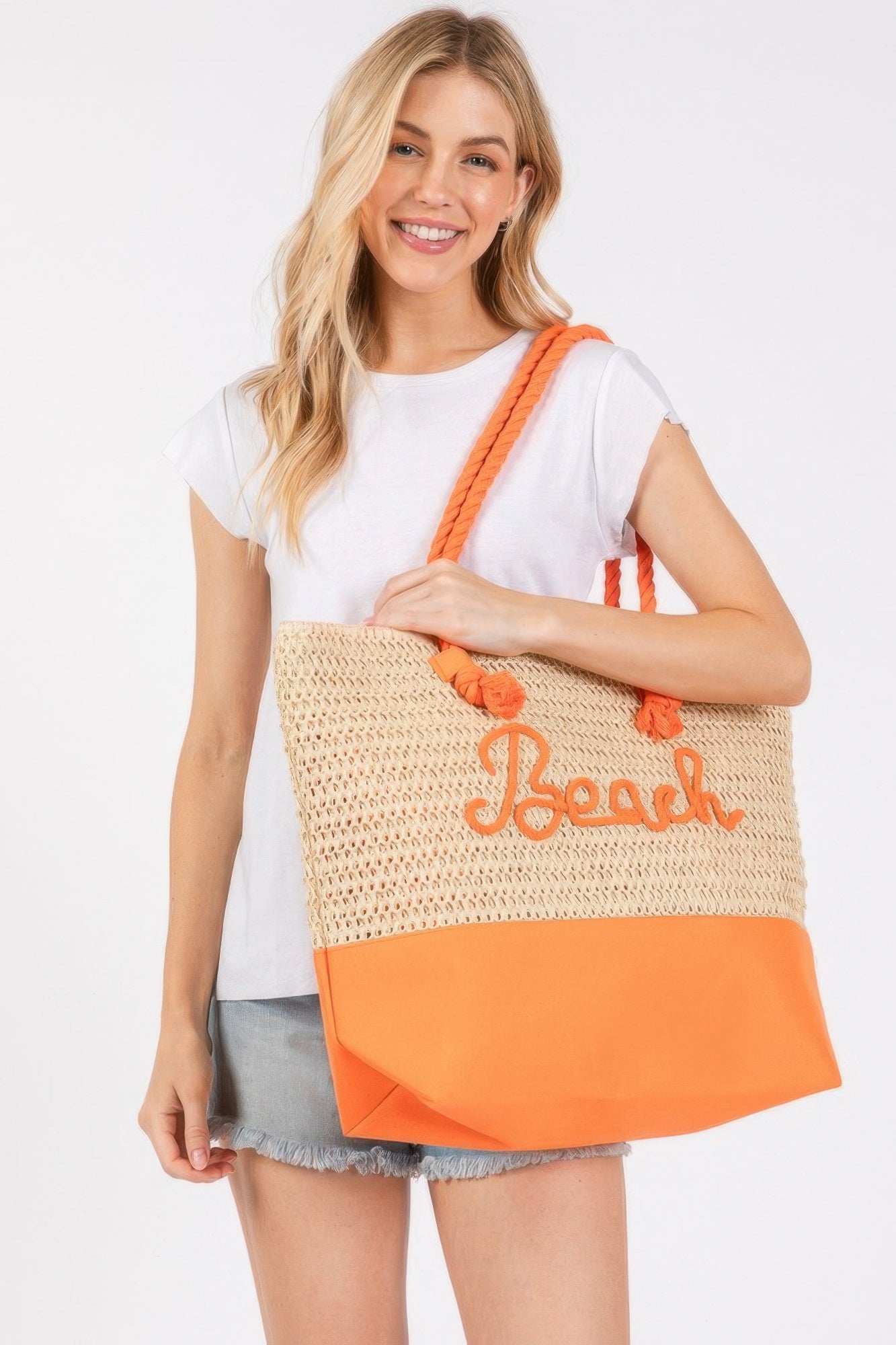 Color Sewn Rope Beach Letter And Strap Crochet Fabric Tote - Wear Arielle
