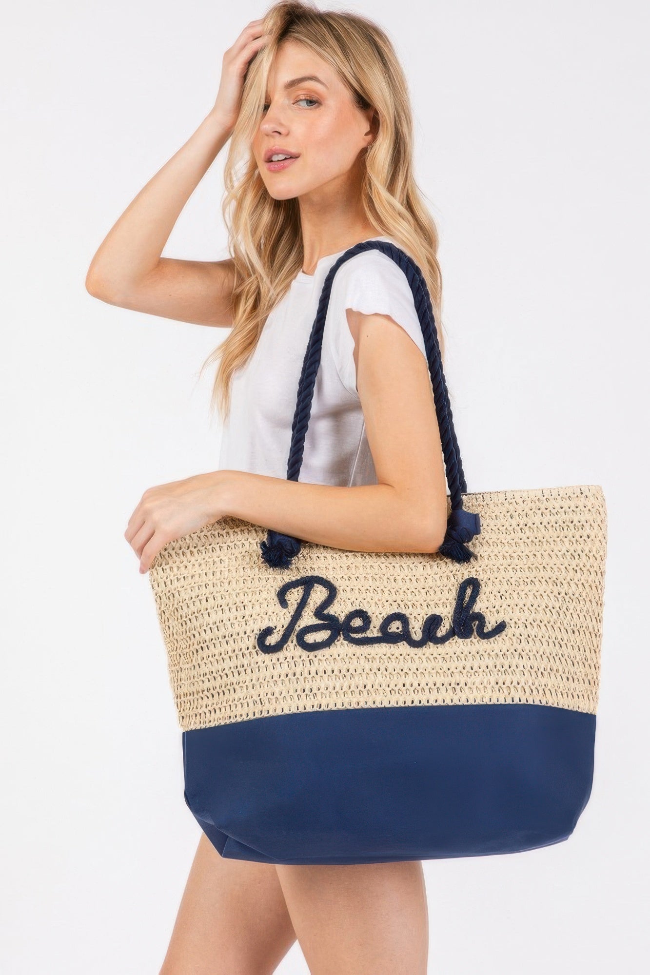 Color Sewn Rope Beach Letter And Strap Crochet Fabric Tote - Wear Arielle