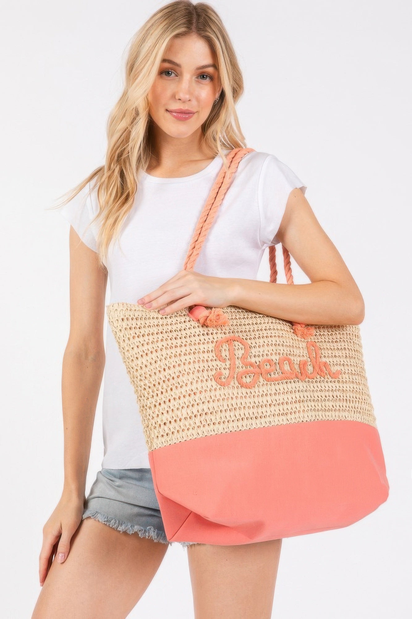 Color Sewn Rope Beach Letter And Strap Crochet Fabric Tote - Wear Arielle