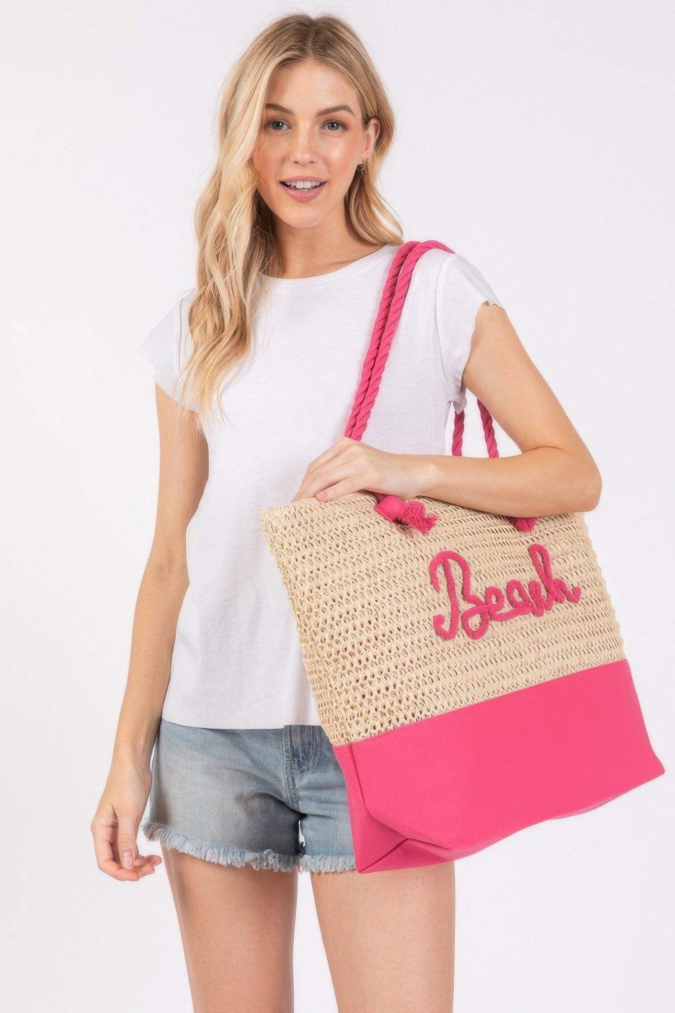 Color Sewn Rope Beach Letter And Strap Crochet Fabric Tote - Wear Arielle