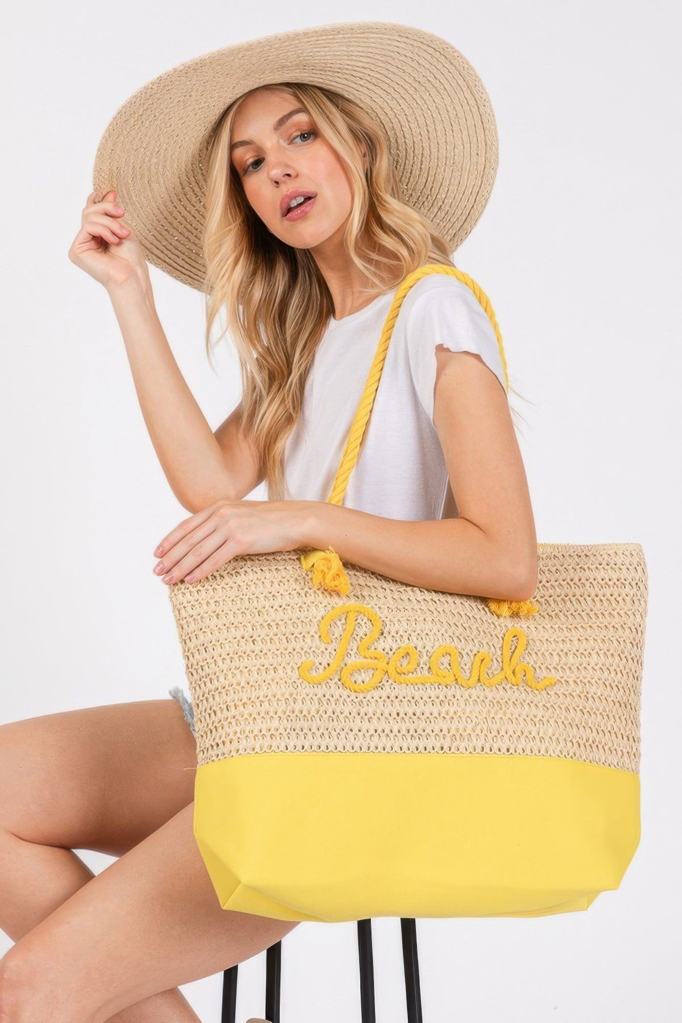 Color Sewn Rope Beach Letter And Strap Crochet Fabric Tote - Wear Arielle