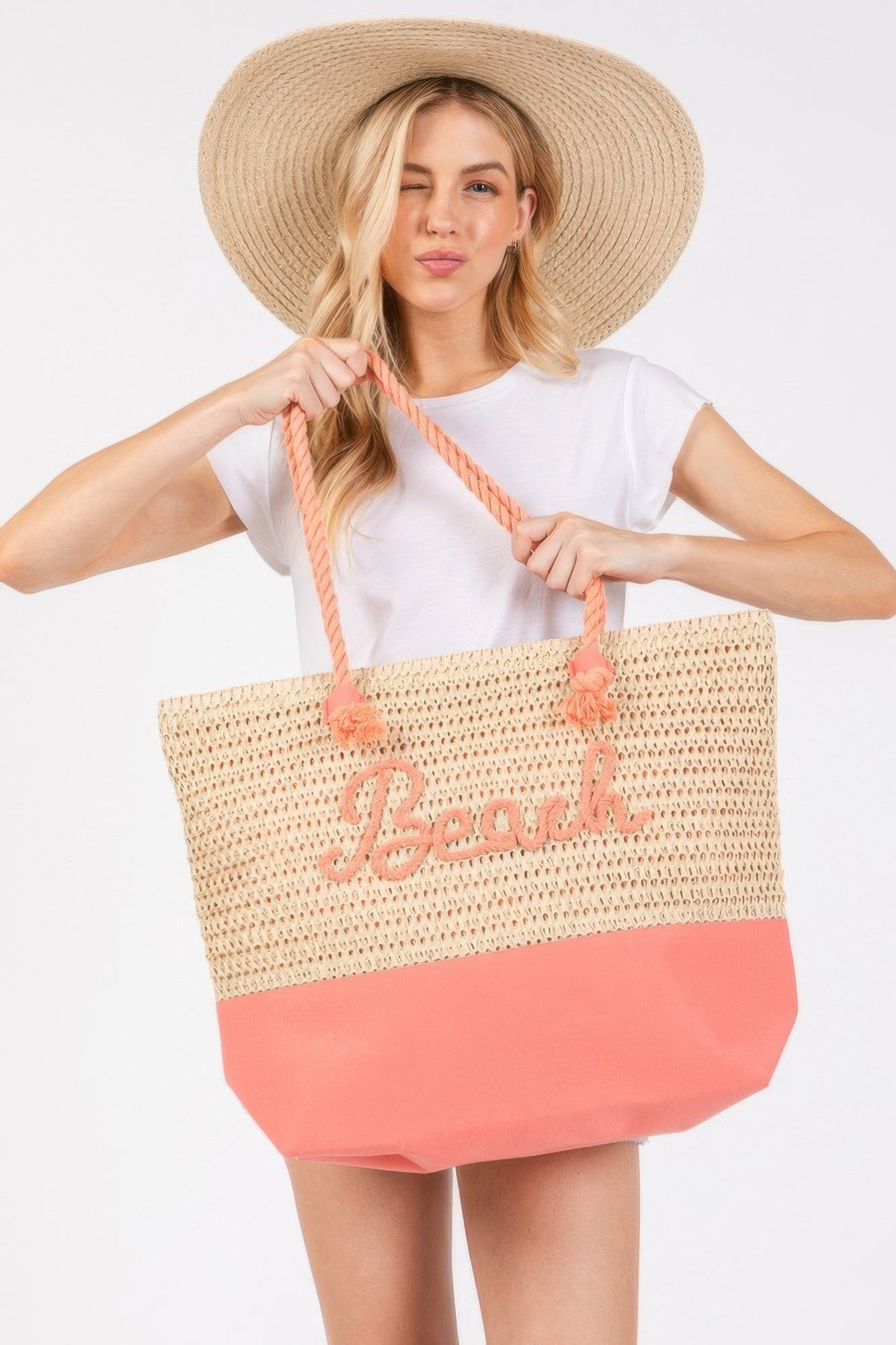 Color Sewn Rope Beach Letter And Strap Crochet Fabric Tote - Wear Arielle