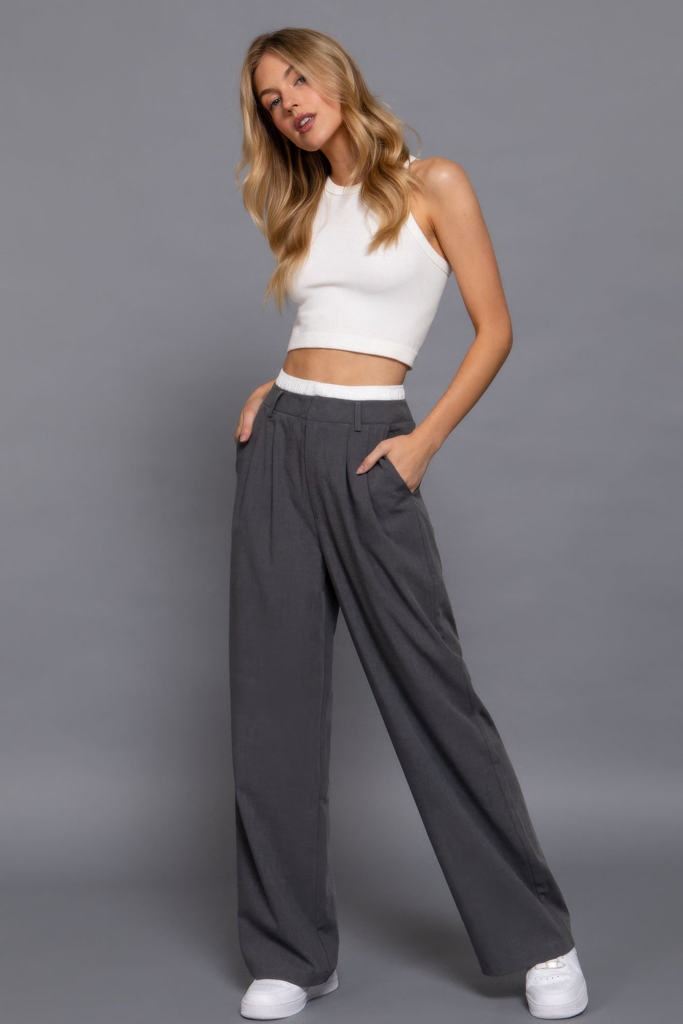 Contrast Waist Boxer Straight Long Pants - Wear Arielle