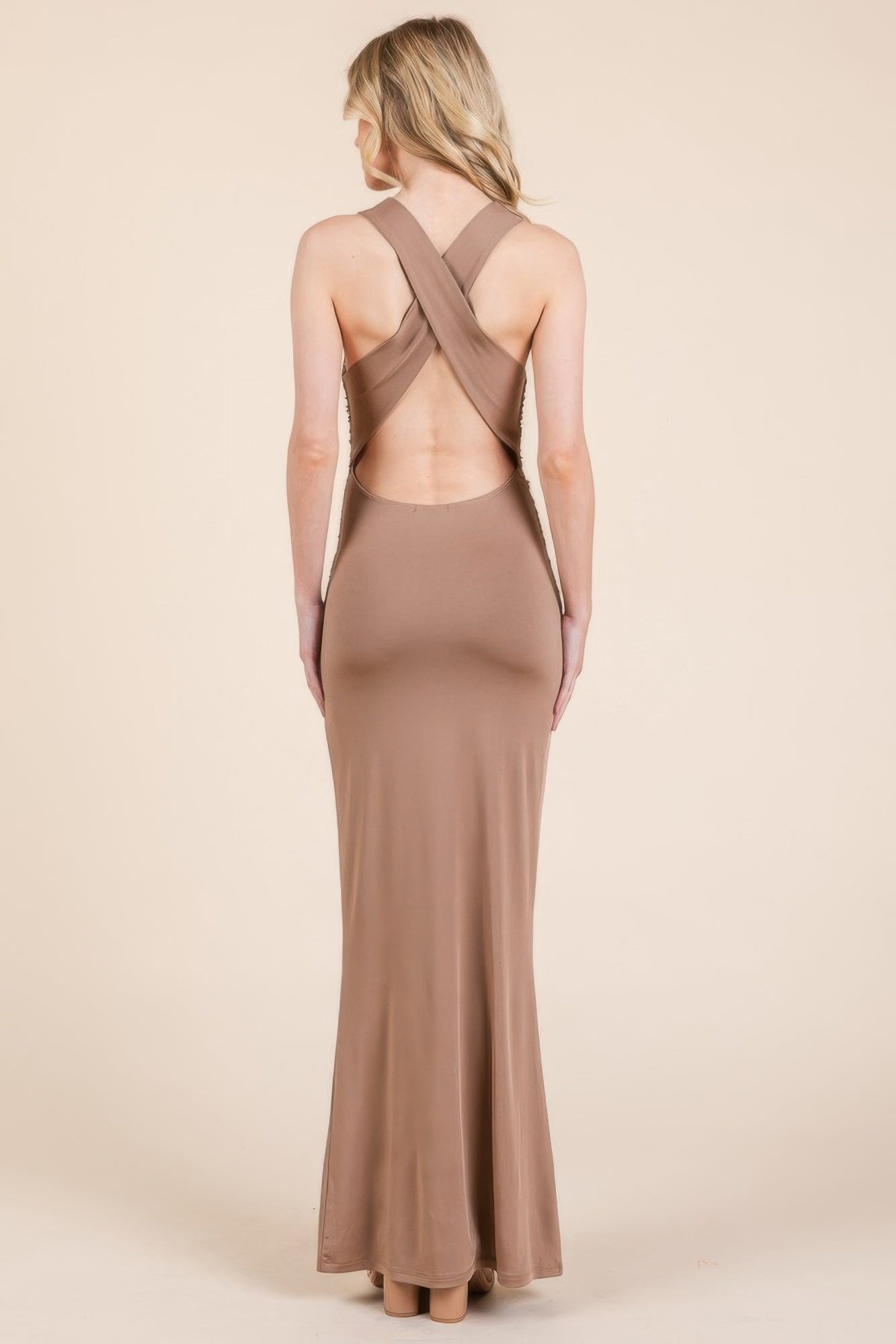 Cowl Neck Cross Back Shirring Maxi Dress - Wear Arielle
