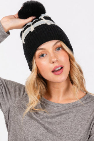 Cozy Color Blocked Pom Pom Beanie - Wear Arielle