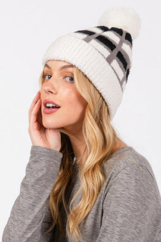 Cozy Color Blocked Pom Pom Beanie - Wear Arielle