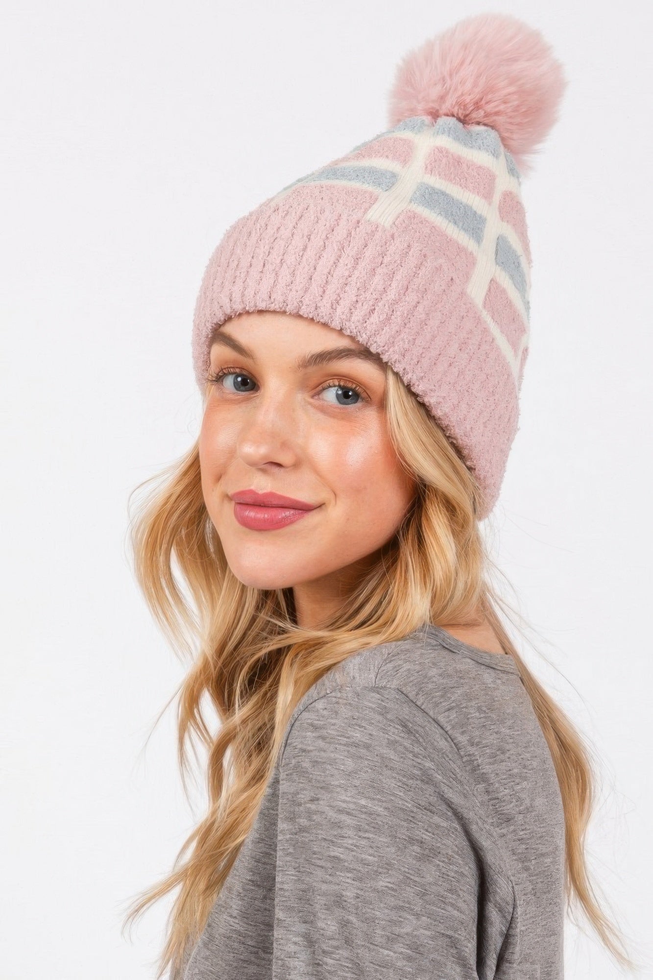 Cozy Color Blocked Pom Pom Beanie - Wear Arielle