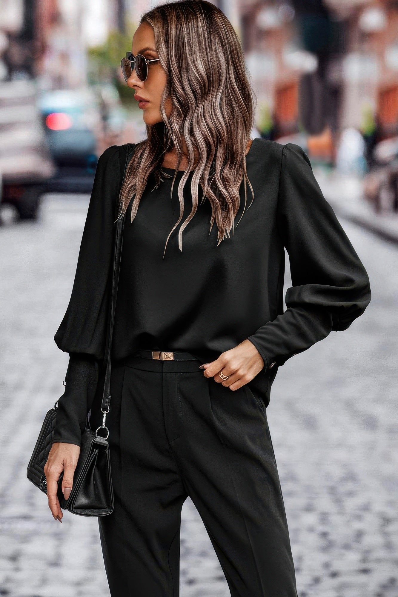Crew Neck Solid Leg Of Mutton Sleeve Shirt - Wear Arielle
