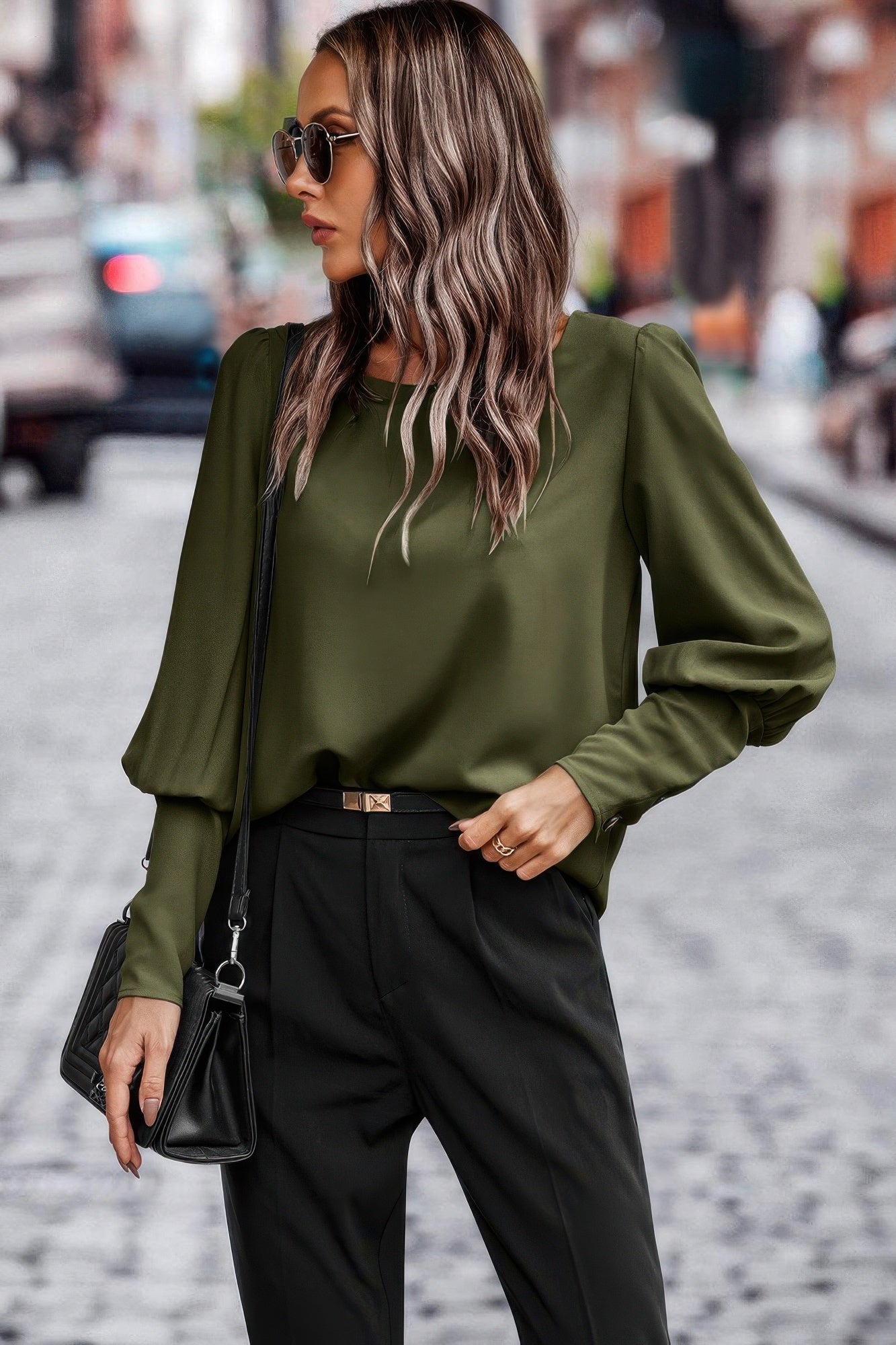 Crew Neck Solid Leg Of Mutton Sleeve Shirt - Wear Arielle