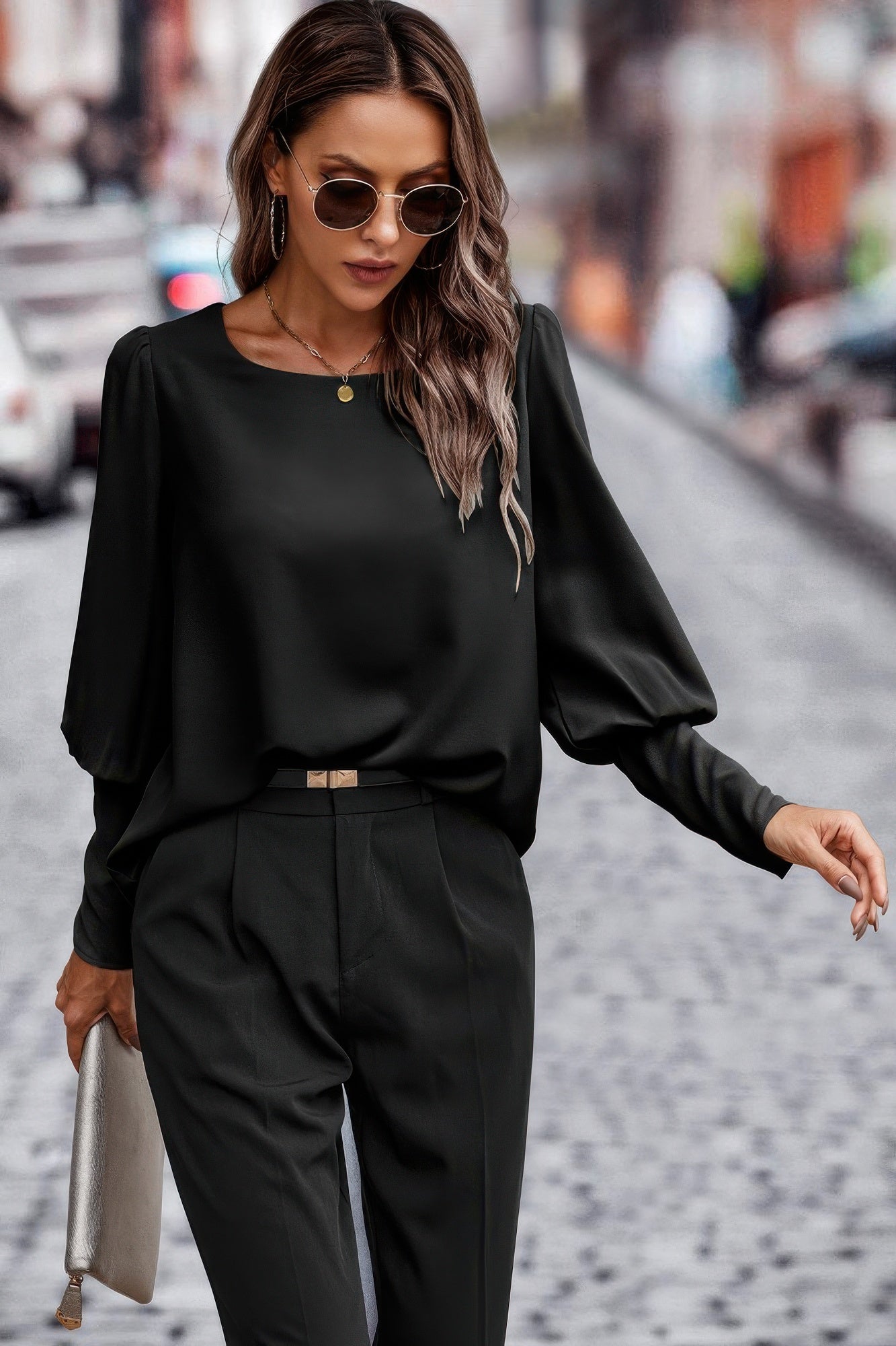 Crew Neck Solid Leg Of Mutton Sleeve Shirt - Wear Arielle