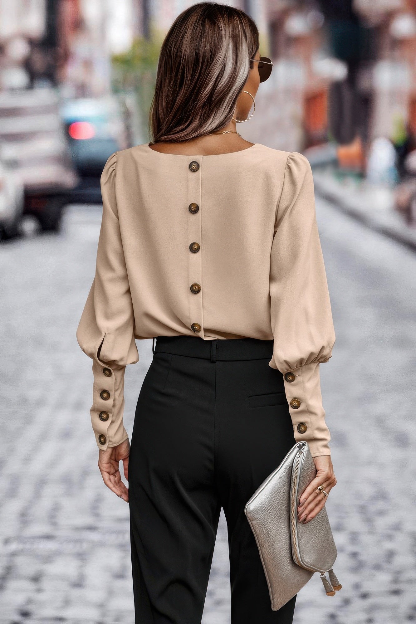 Crew Neck Solid Leg Of Mutton Sleeve Shirt - Wear Arielle