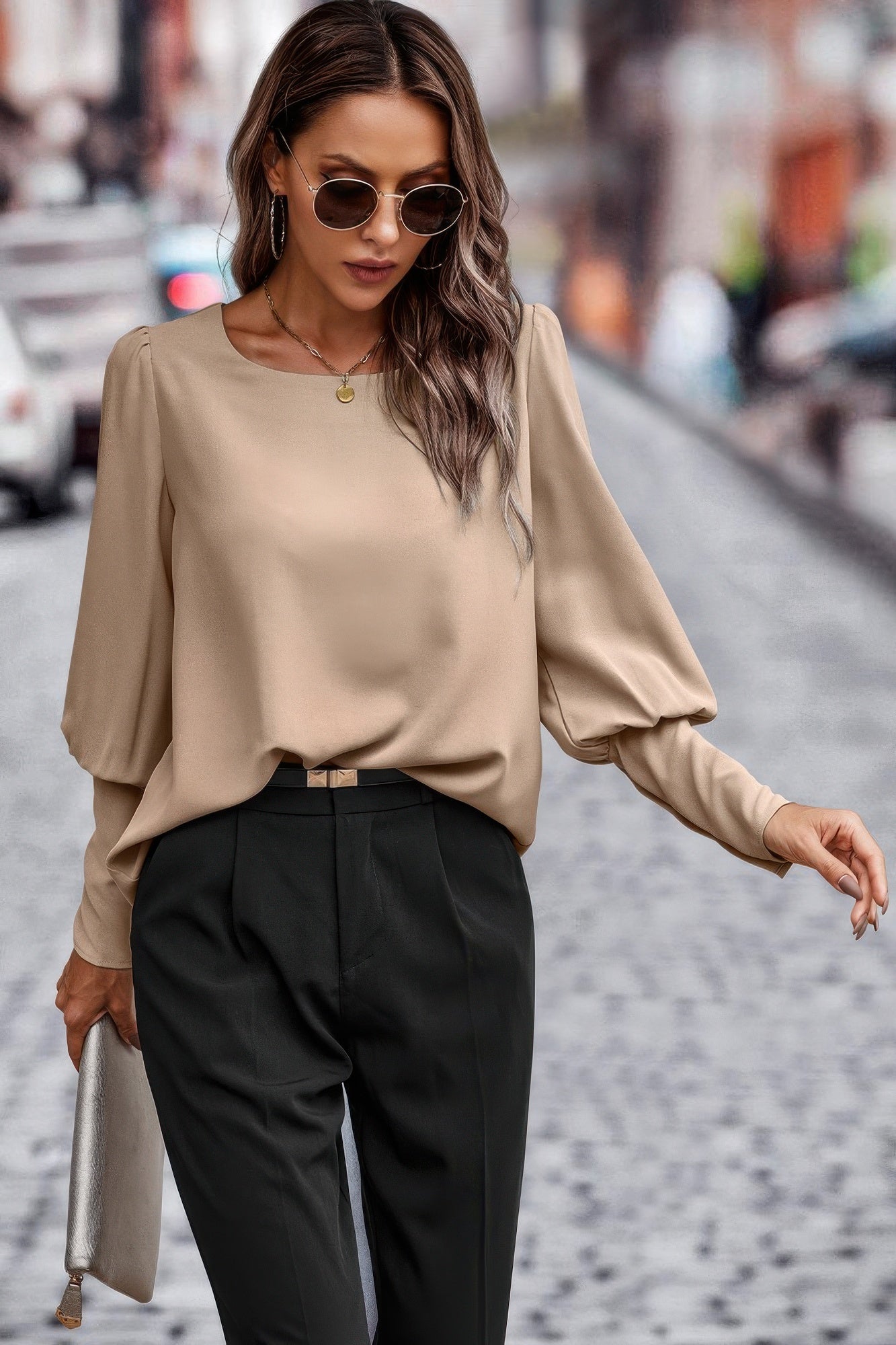Crew Neck Solid Leg Of Mutton Sleeve Shirt - Wear Arielle