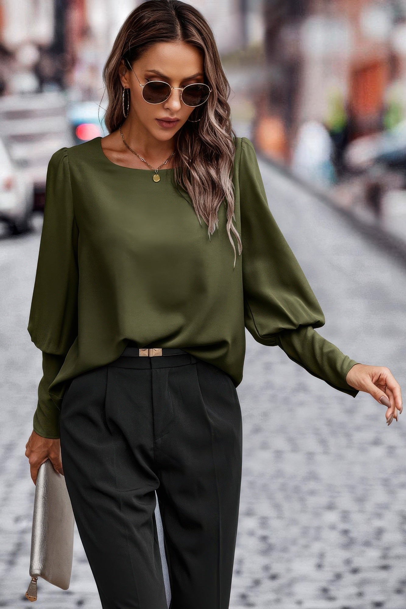 Crew Neck Solid Leg Of Mutton Sleeve Shirt - Wear Arielle