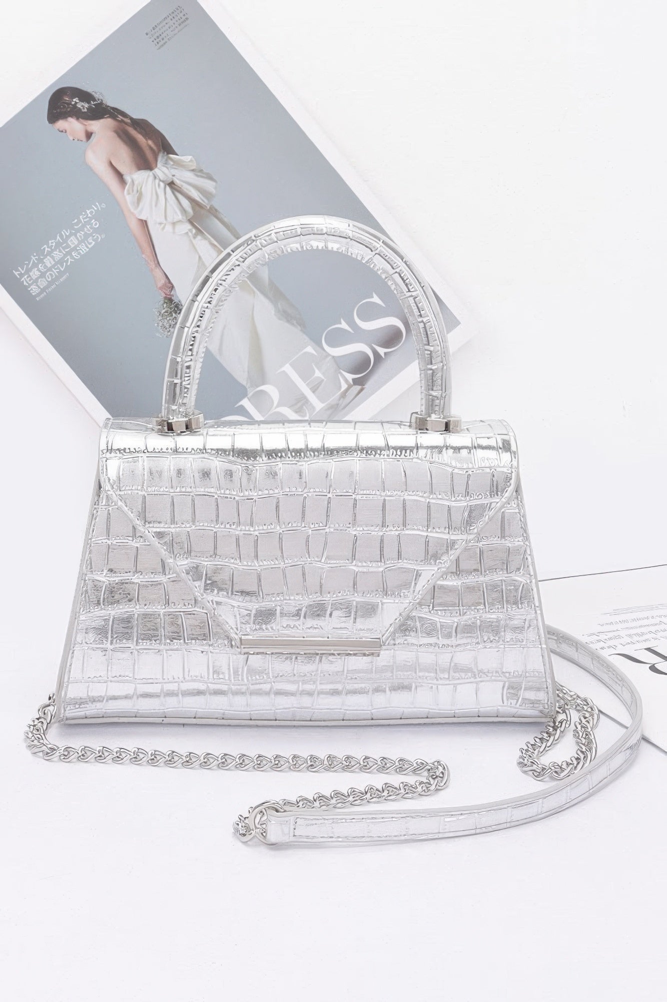 Crocodile Embossed Metallic Leather Top Handle Bag - Wear Arielle