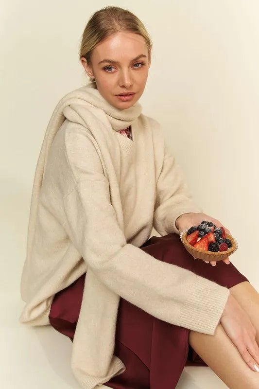 Davi & Dani V - Neck Dropped Shoulder Sweater with Scarf - Wear Arielle