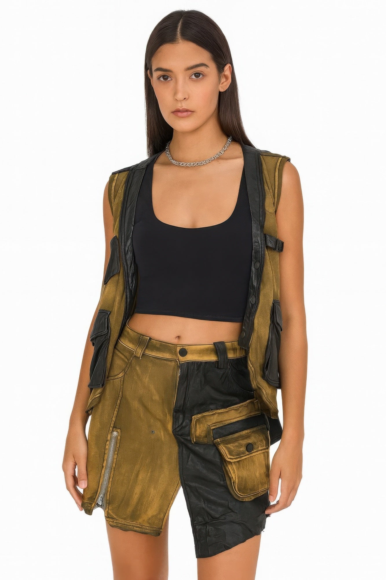 Denim And Faux Leather Two Piece Set - Wear Arielle