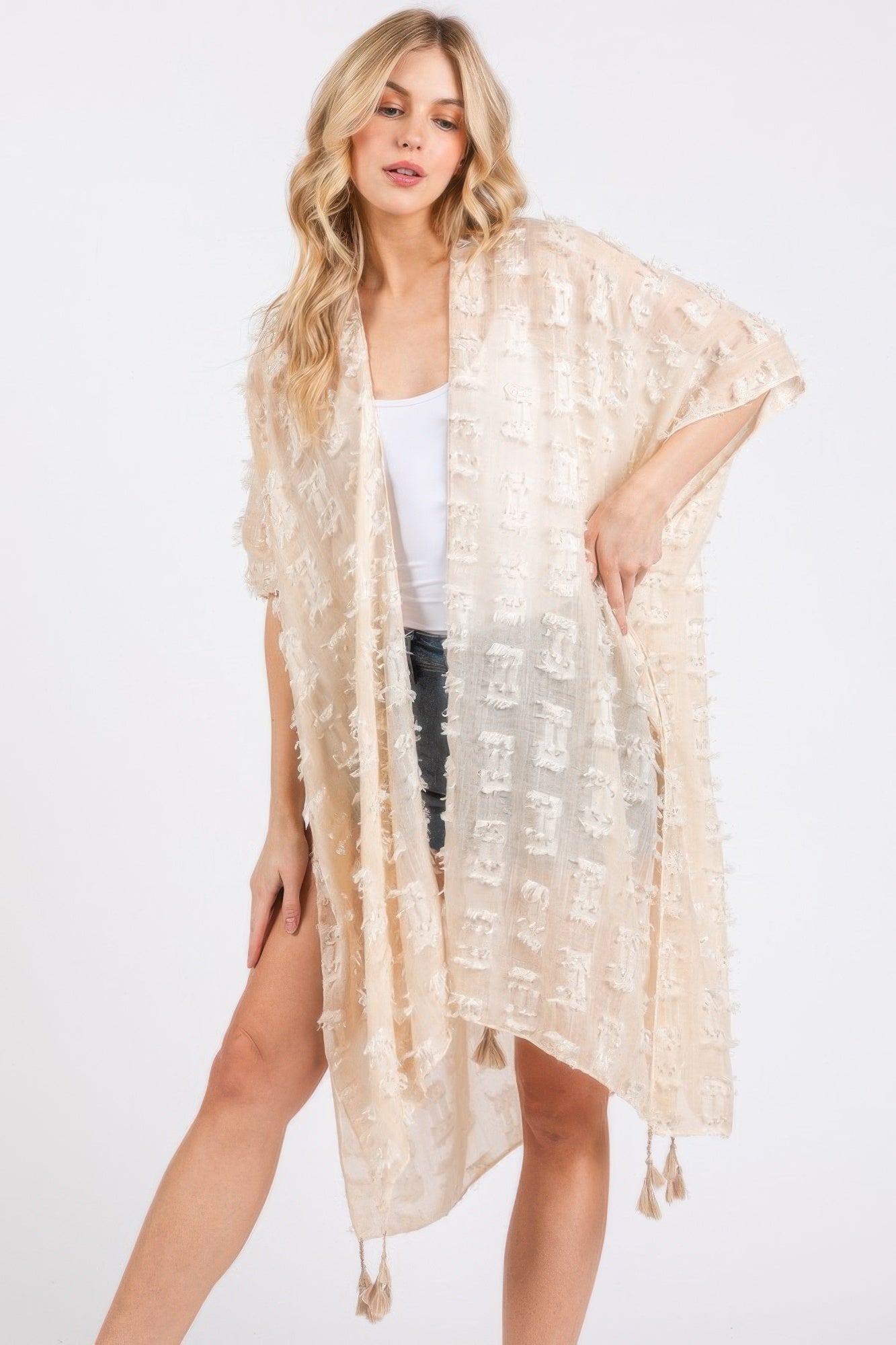 Distressed Pattern Tassel Kimono - Wear Arielle