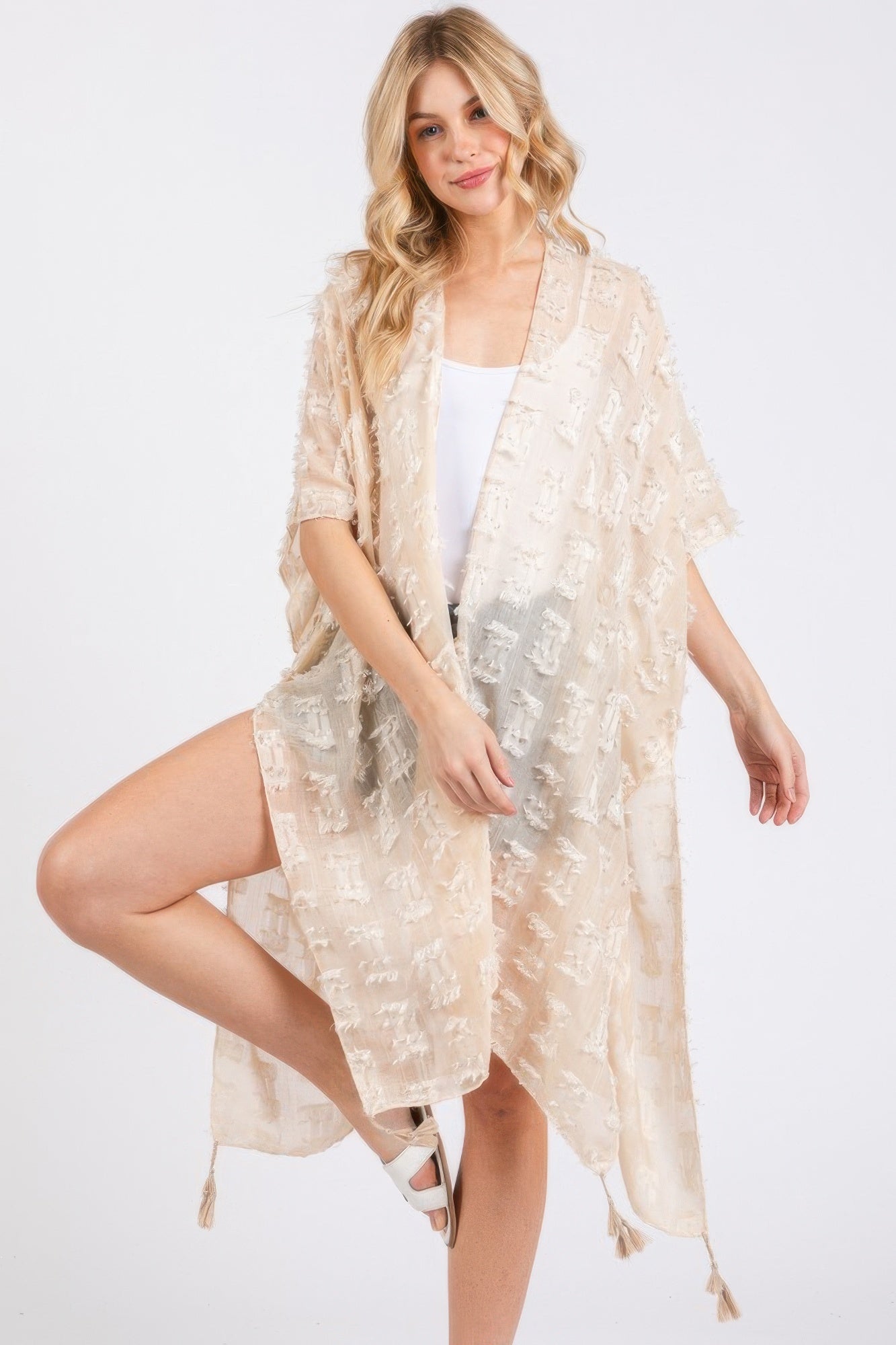 Distressed Pattern Tassel Kimono - Wear Arielle