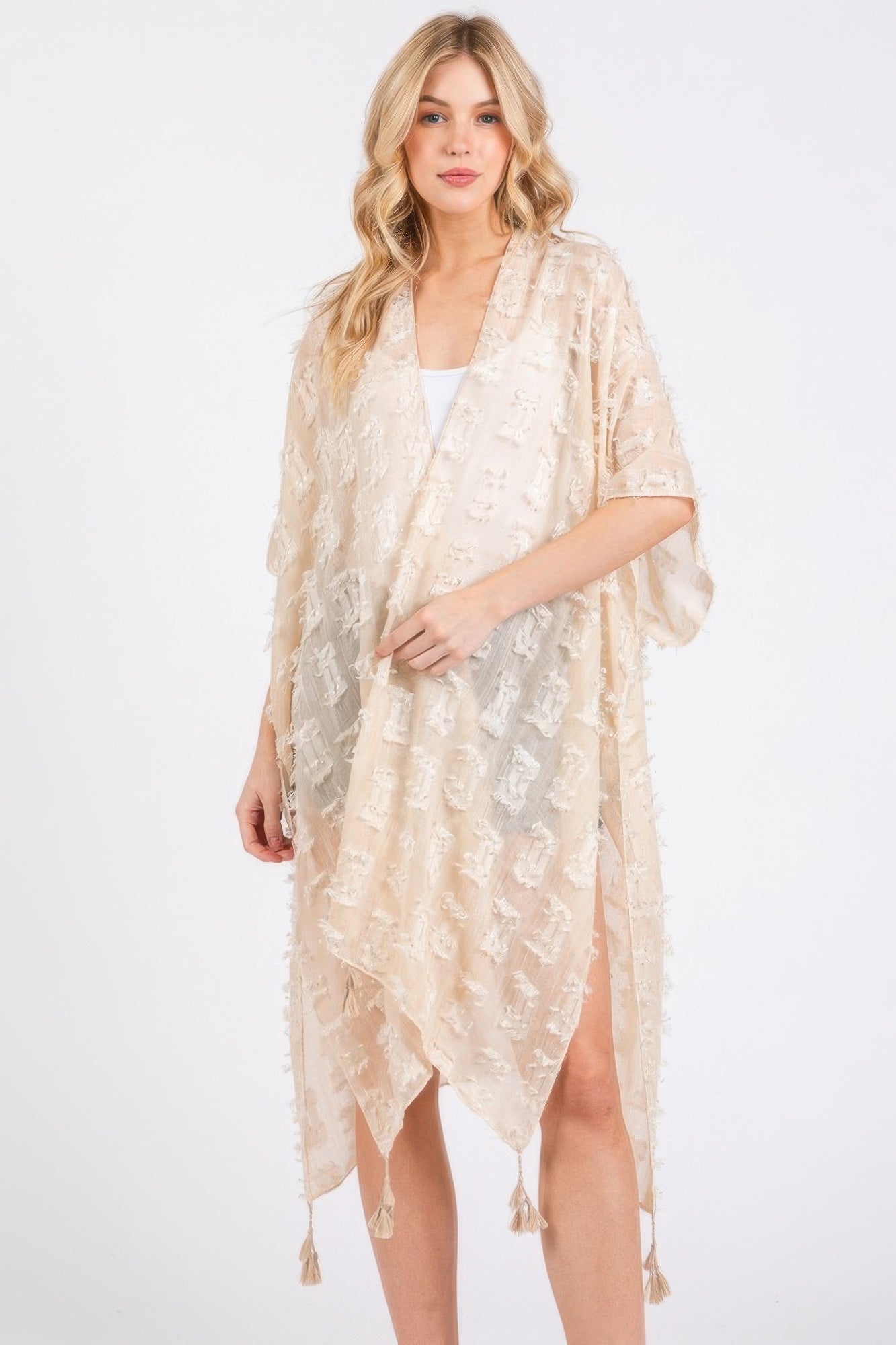 Distressed Pattern Tassel Kimono - Wear Arielle