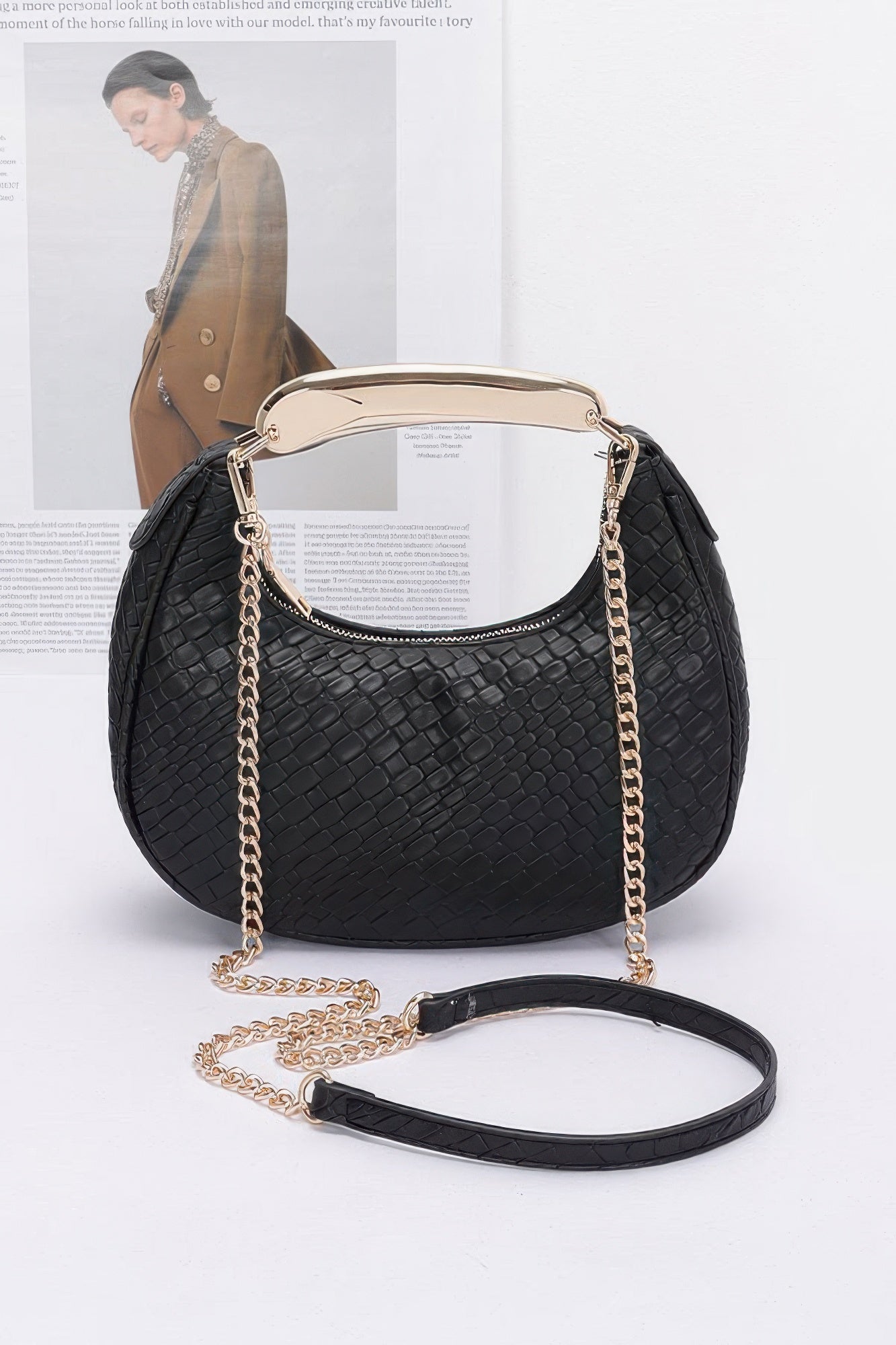 Embossed Faux Leather Metal Handle Bag - Wear Arielle