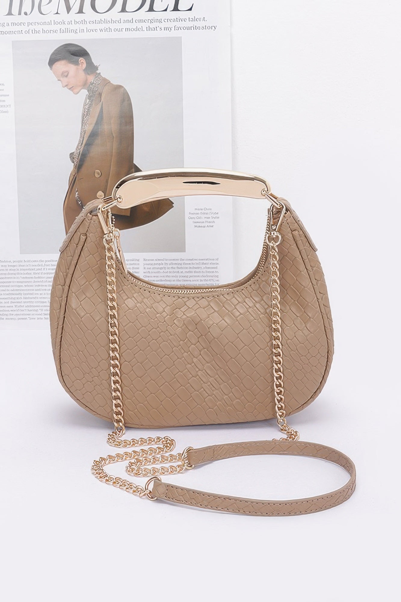 Embossed Faux Leather Metal Handle Bag - Wear Arielle