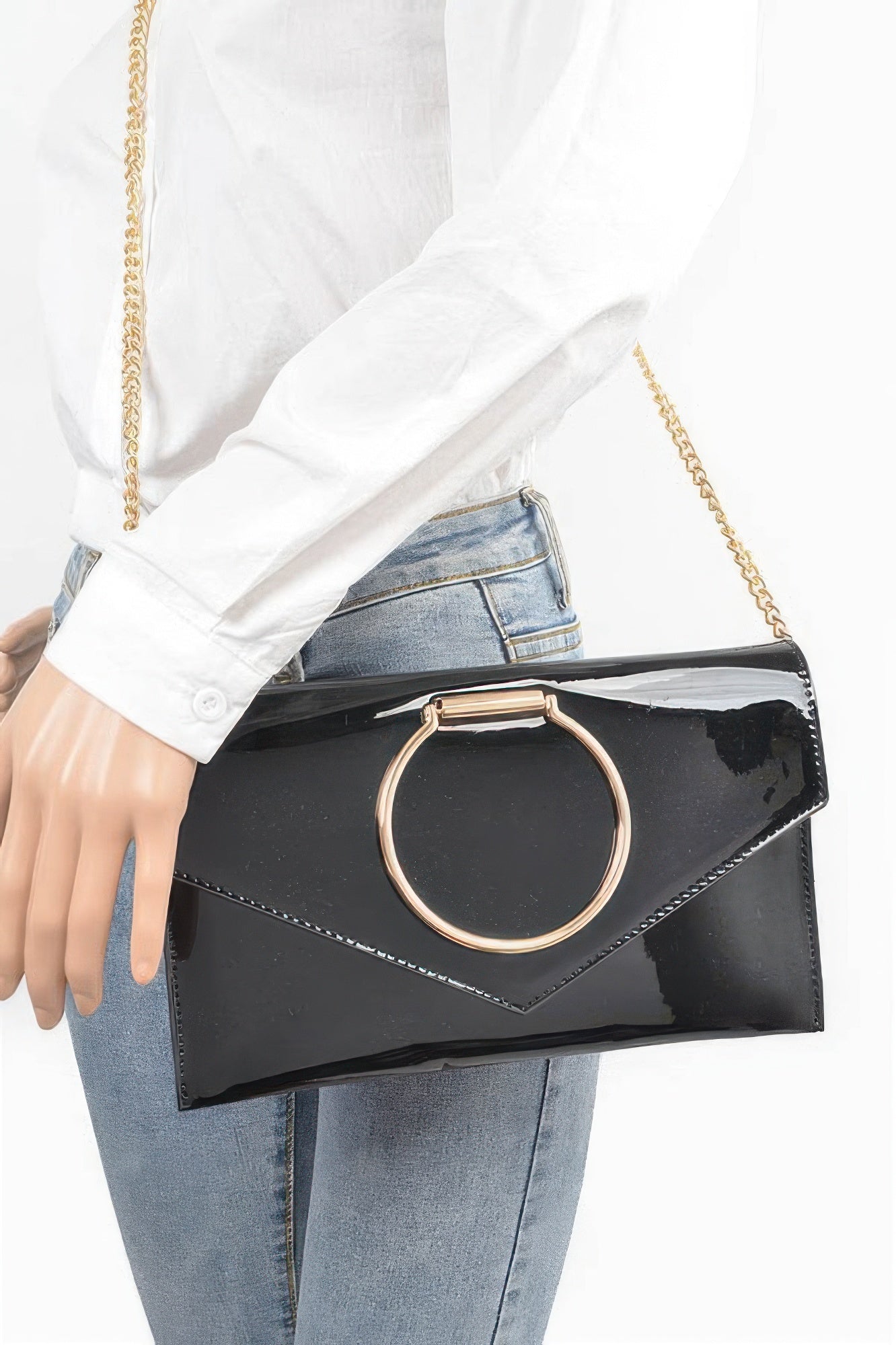Enamel Faux Leather Metal Handle Flap Clutch - Wear Arielle