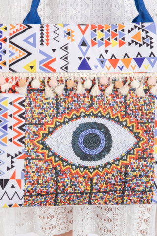 Evil Eye Boho Print Pom Pom Fringe Tote Bag - Wear Arielle