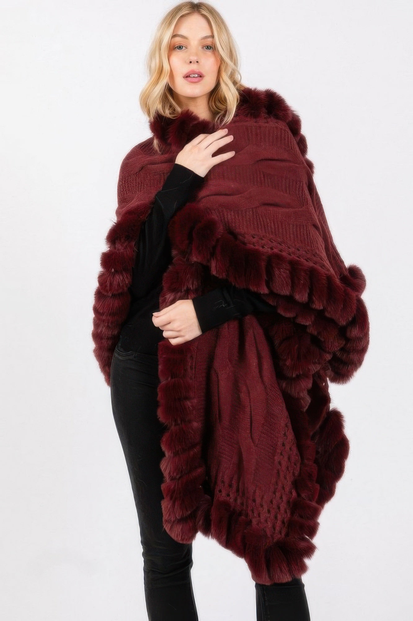 Faux Fur Collar And Trim Cape With Closure - Wear Arielle
