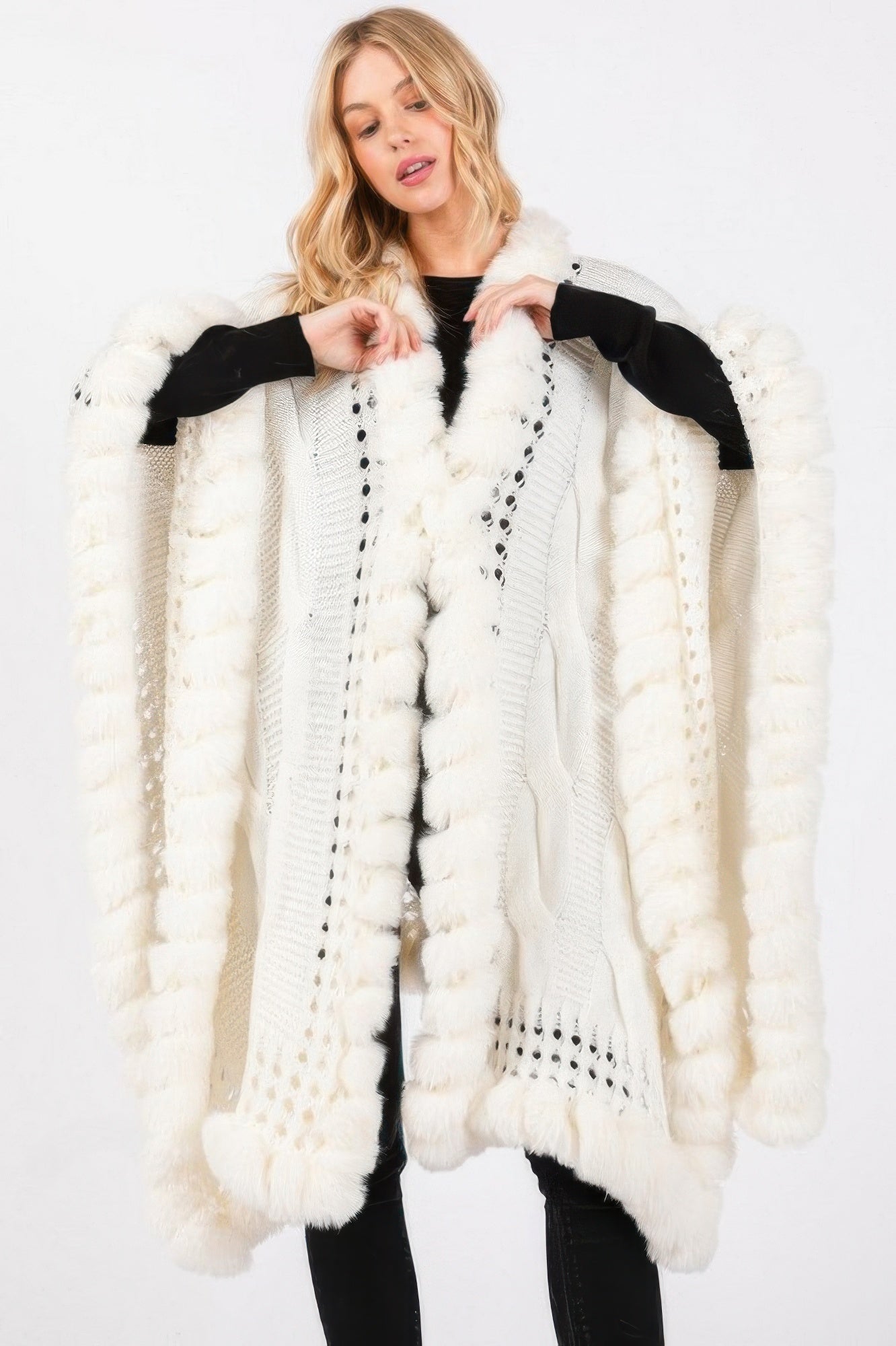 Faux Fur Collar And Trim Cape With Closure - Wear Arielle
