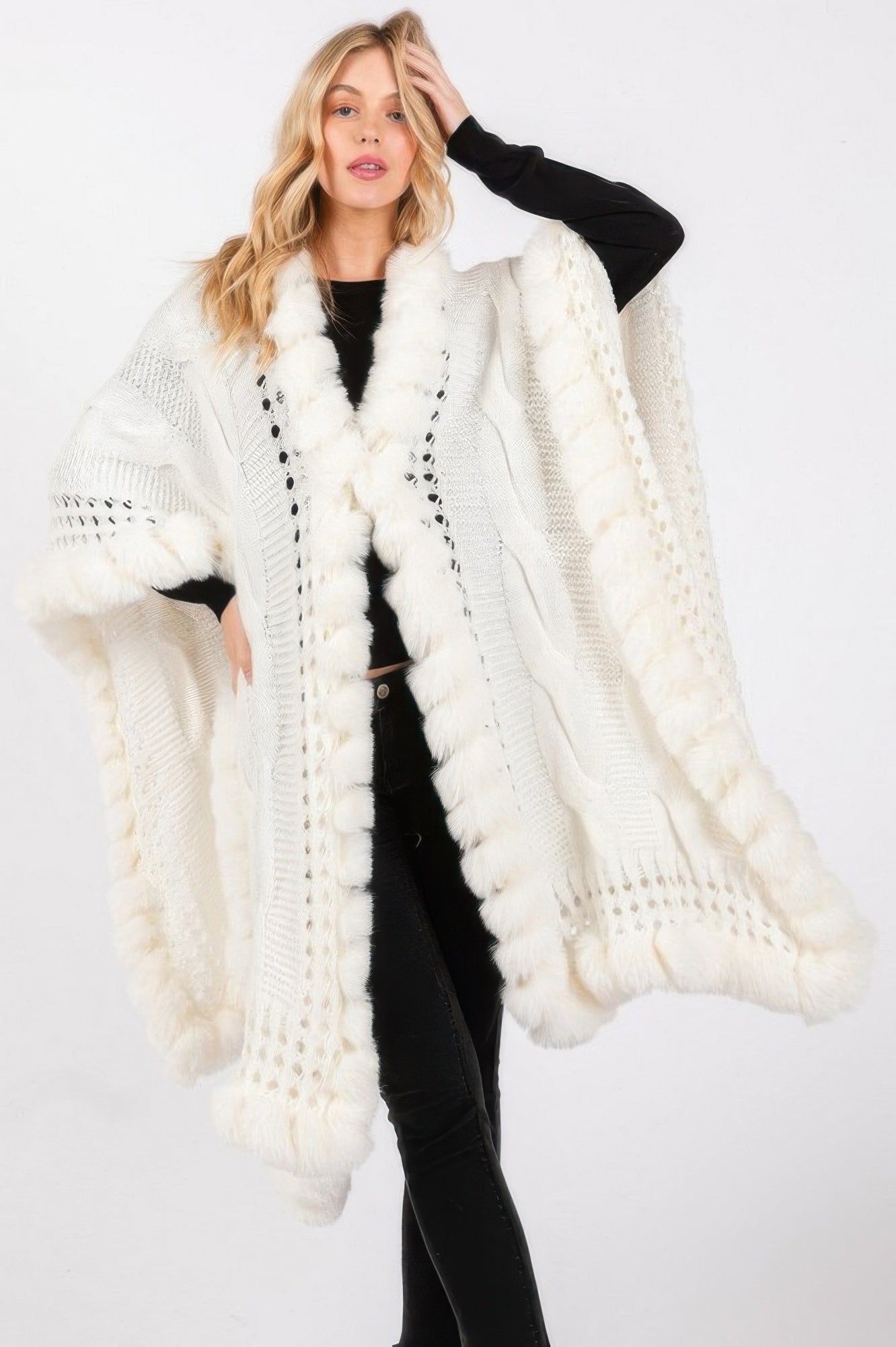 Faux Fur Collar And Trim Cape With Closure - Wear Arielle