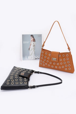 Faux Leather Eyelet Studded Shoulder Bag - Wear Arielle