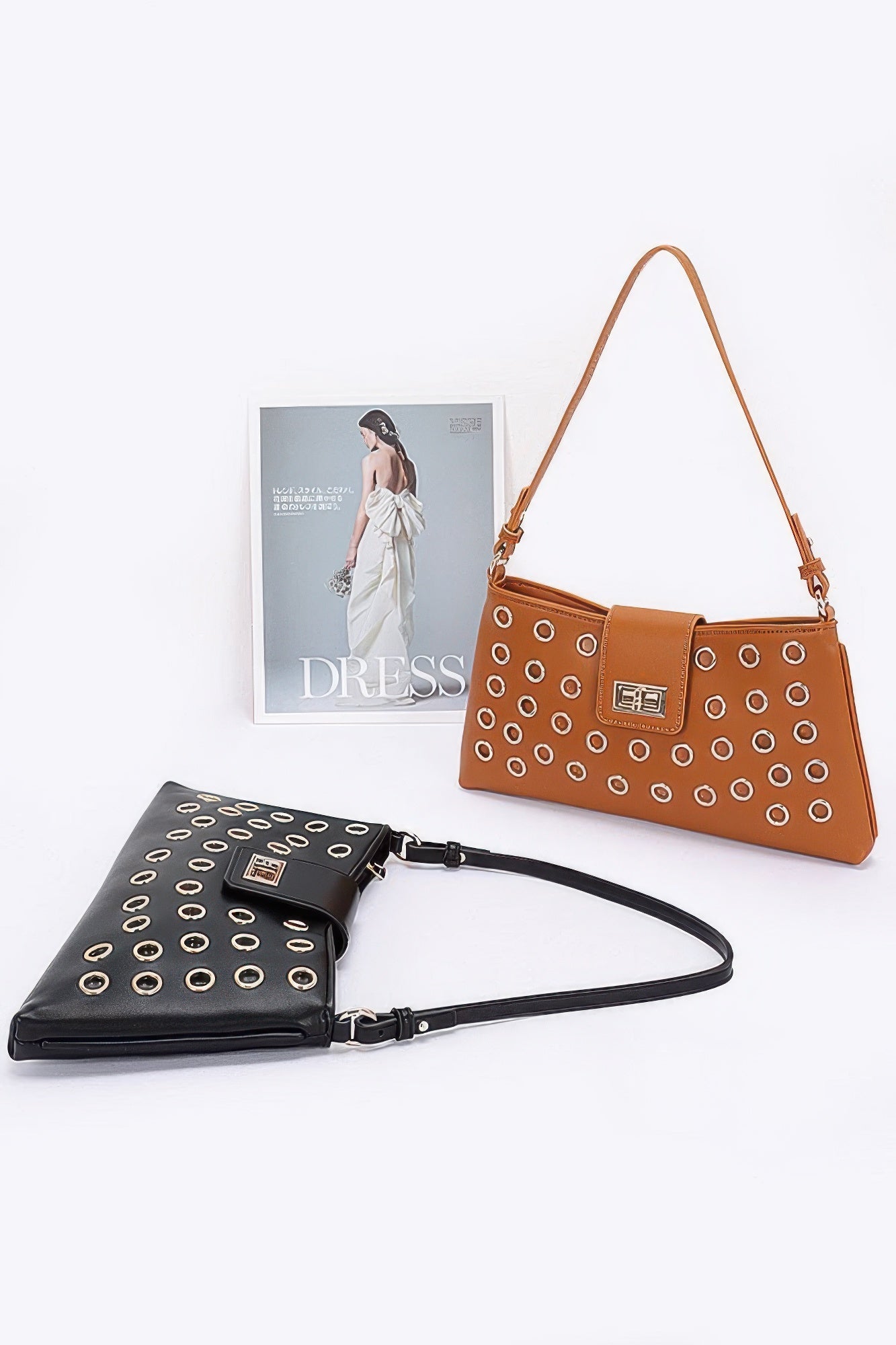 Faux Leather Eyelet Studded Shoulder Bag - Wear Arielle