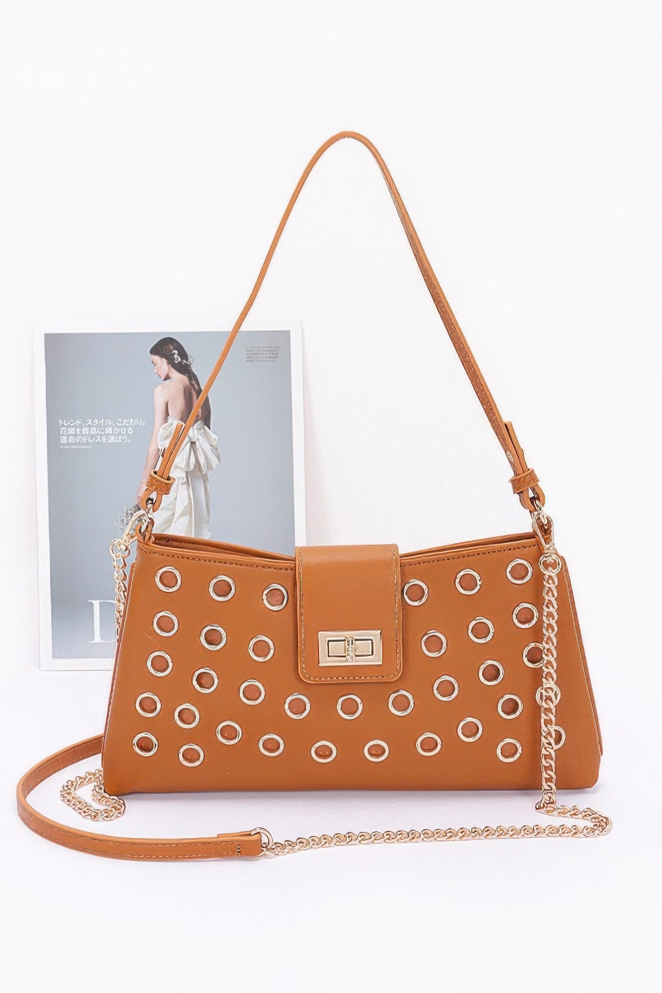 Faux Leather Eyelet Studded Shoulder Bag - Wear Arielle
