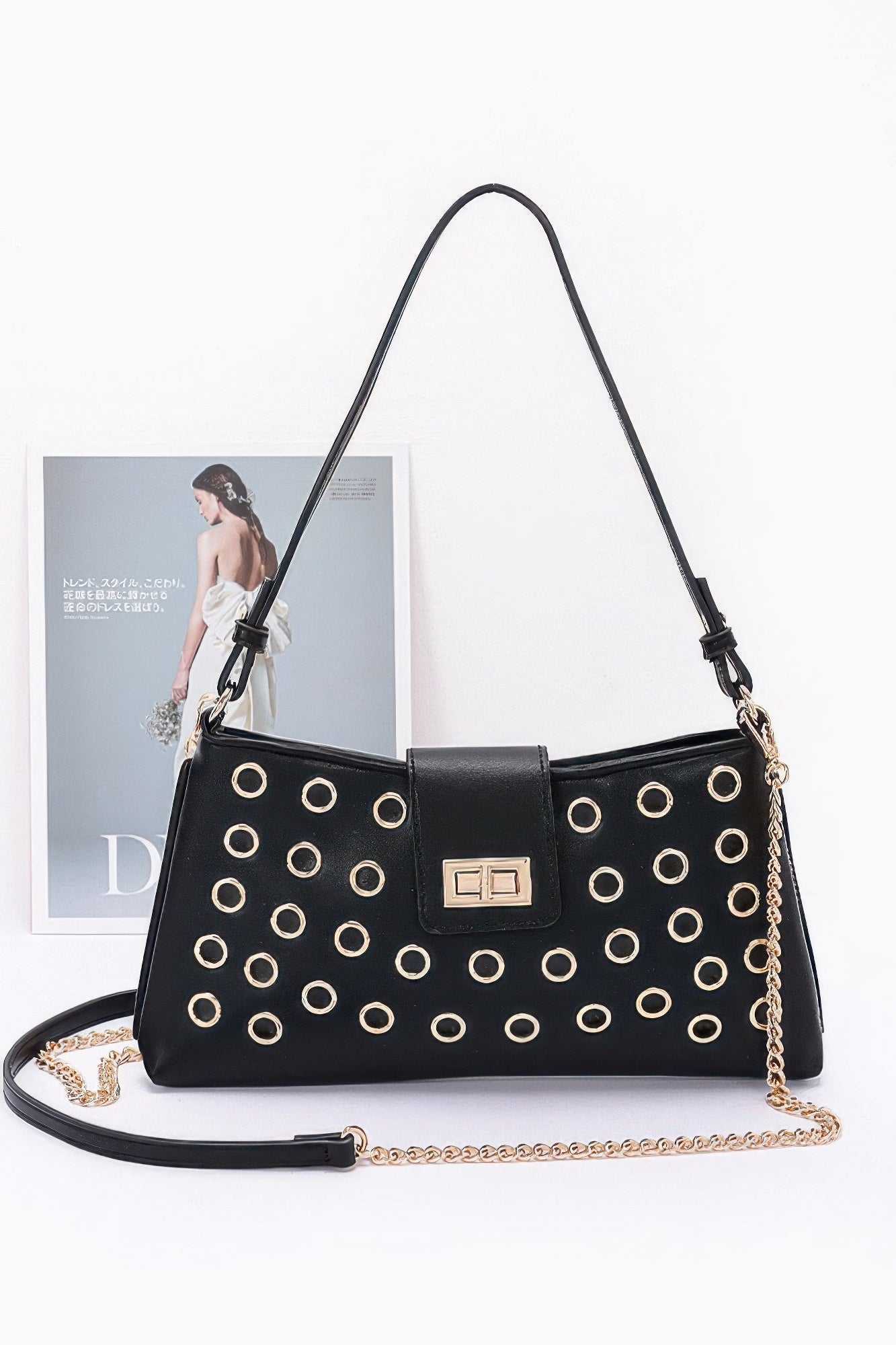 Faux Leather Eyelet Studded Shoulder Bag - Wear Arielle