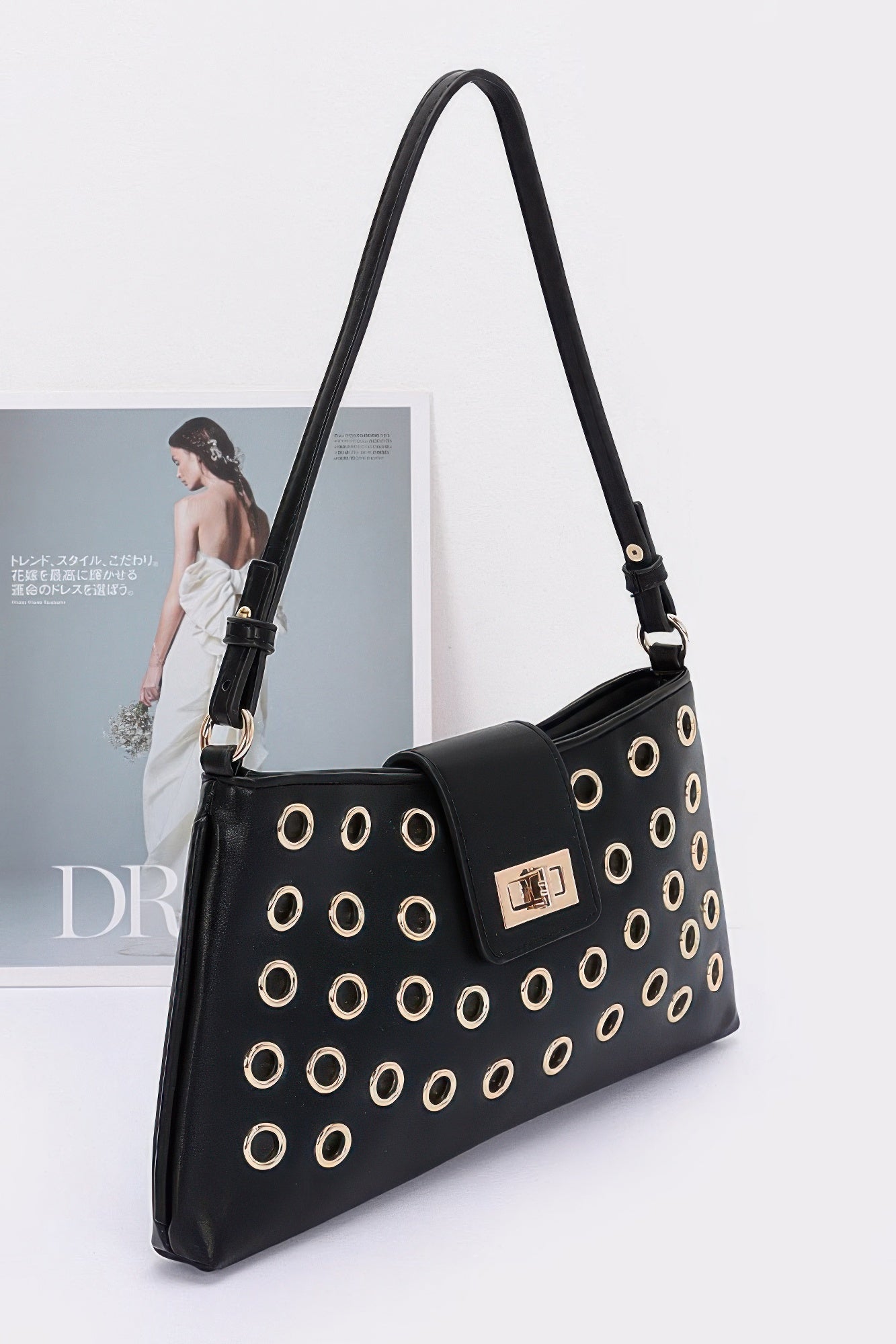 Faux Leather Eyelet Studded Shoulder Bag - Wear Arielle