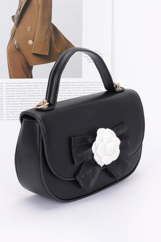 Faux Leather Flower Ribbon Top Handle Flap Bag - Wear Arielle
