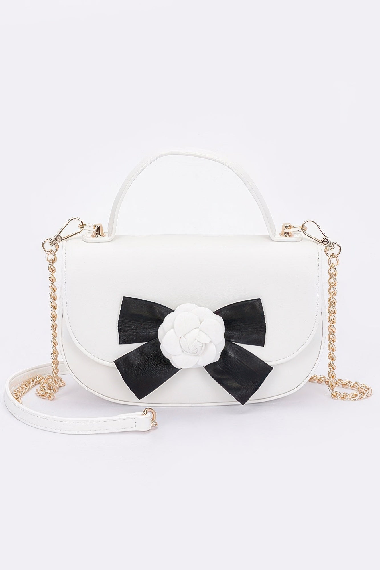 Faux Leather Flower Ribbon Top Handle Flap Bag - Wear Arielle