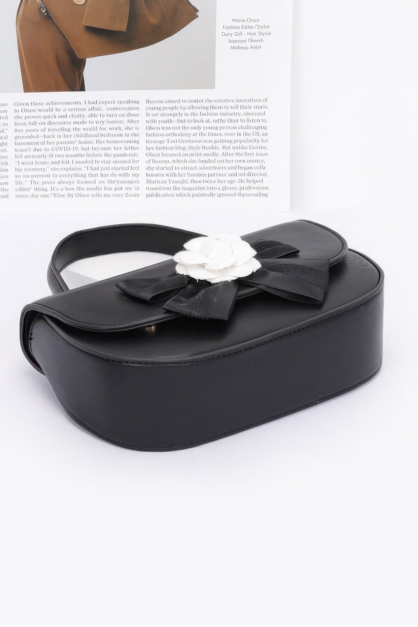 Faux Leather Flower Ribbon Top Handle Flap Bag - Wear Arielle