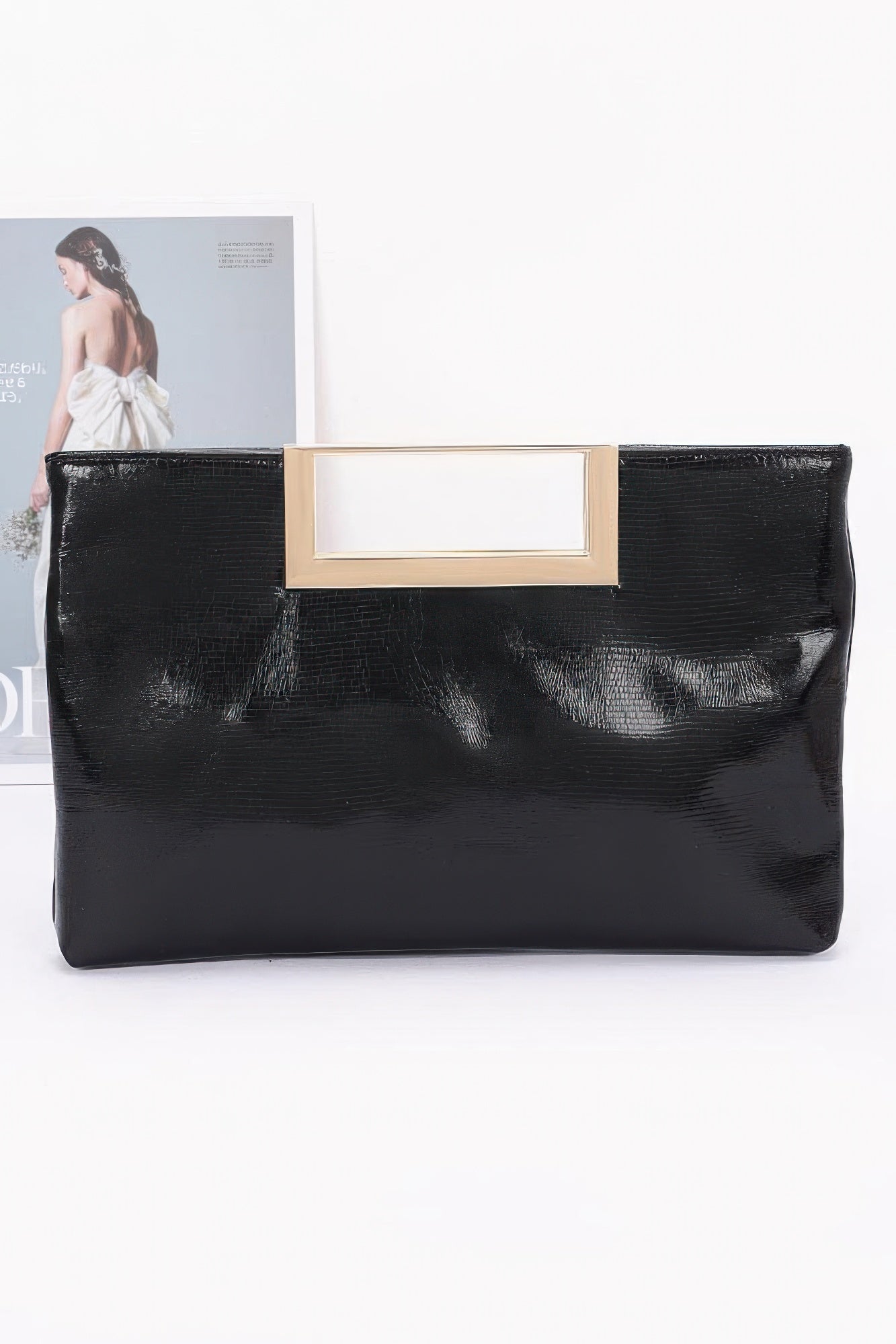 Faux Leather Metal Handle Clutch - Wear Arielle