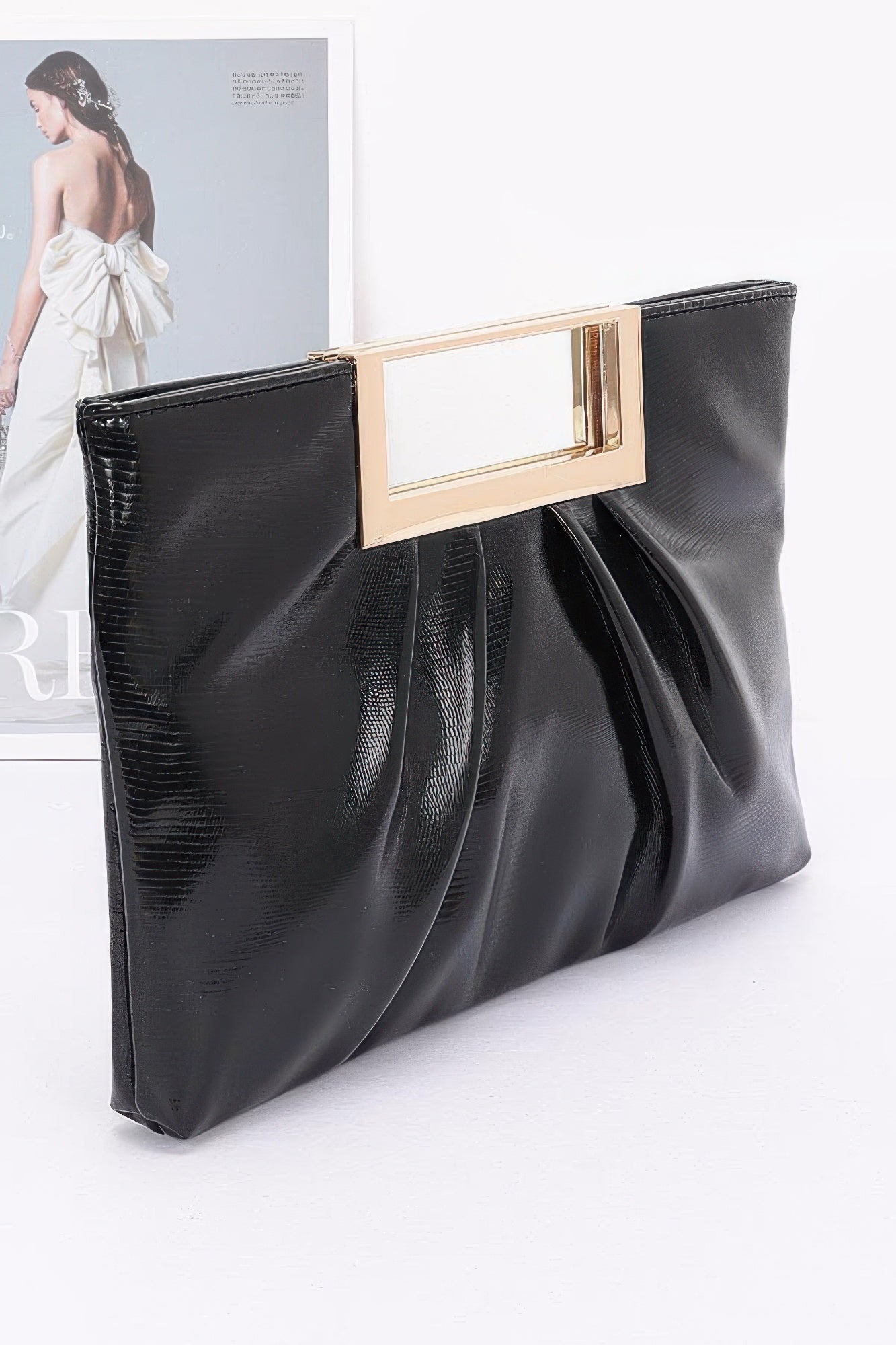Faux Leather Metal Handle Clutch - Wear Arielle