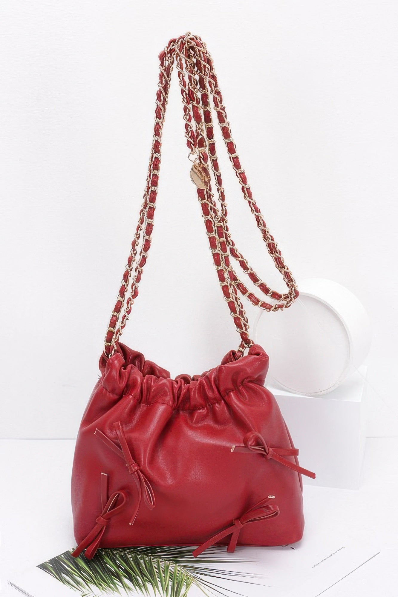 Faux Leather Multi Ribbon Bucket Chaincrossbodybag - Wear Arielle