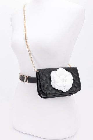 Faux Leather Quilted Flower Beltbag Shoulder Chain - Wear Arielle