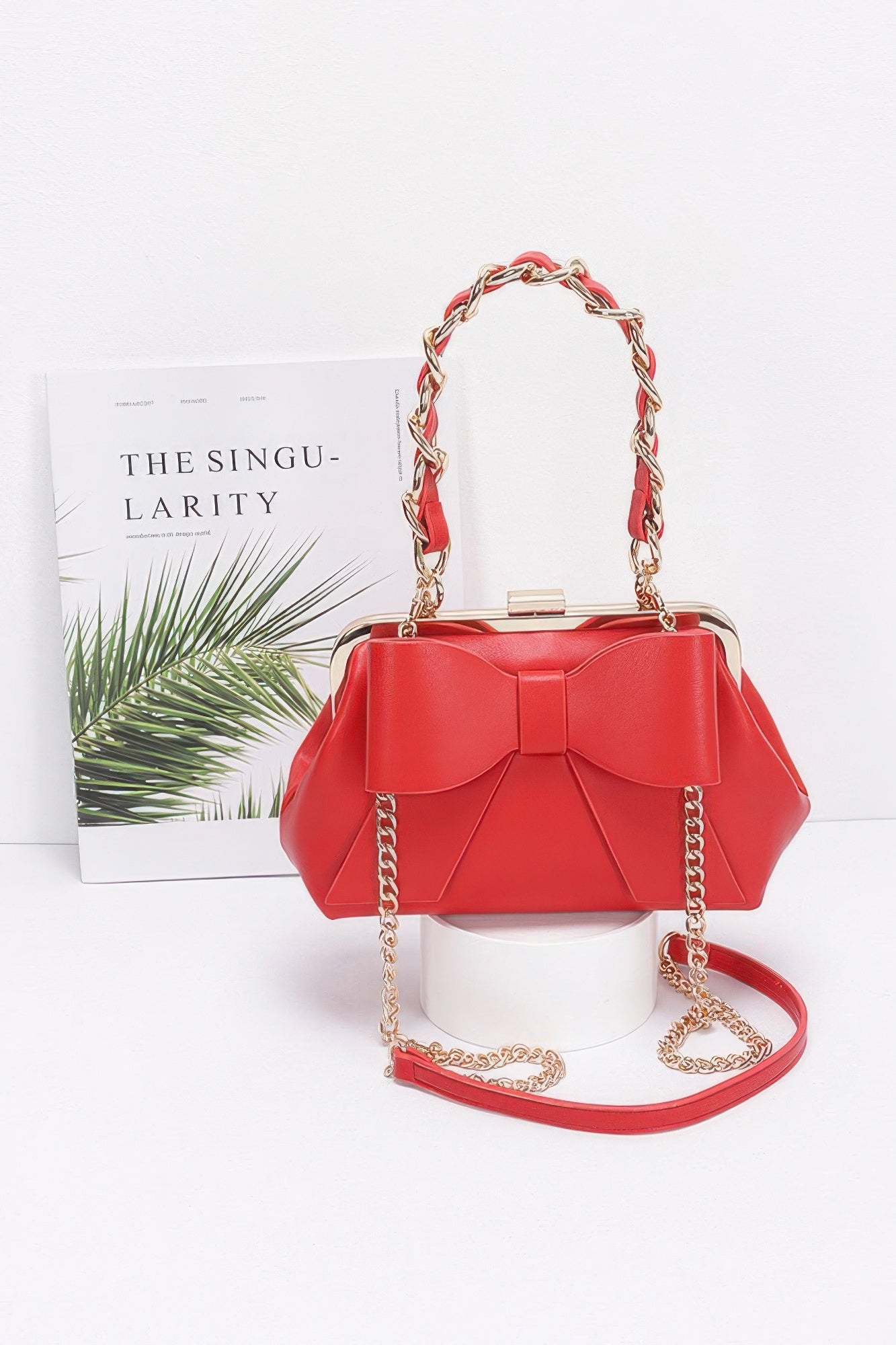 Faux Leather Ribbon Chain Handle Party Clutch - Wear Arielle