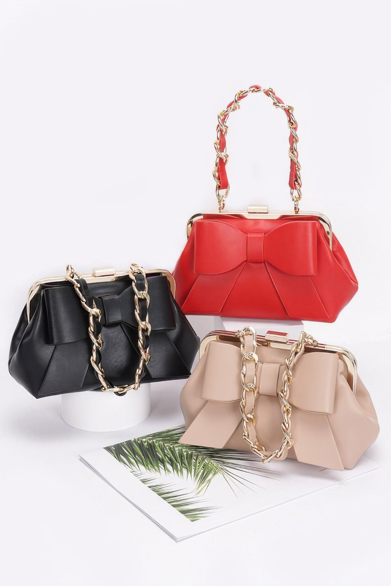 Faux Leather Ribbon Chain Handle Party Clutch - Wear Arielle