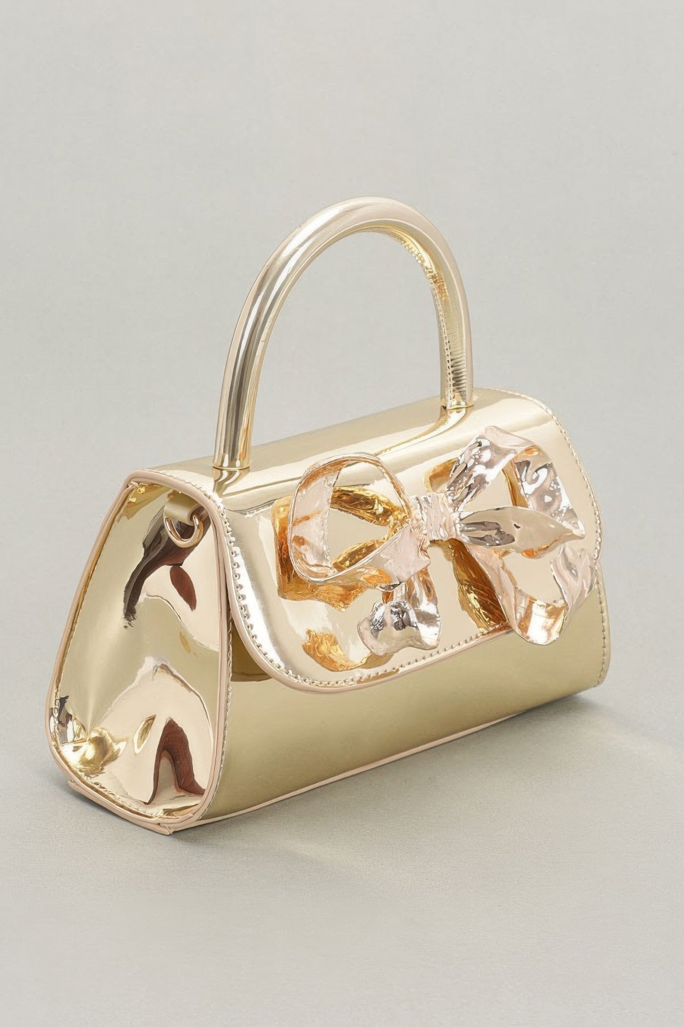 Faux Mirror Leather Ribbon Metal Top Handle Bag - Wear Arielle