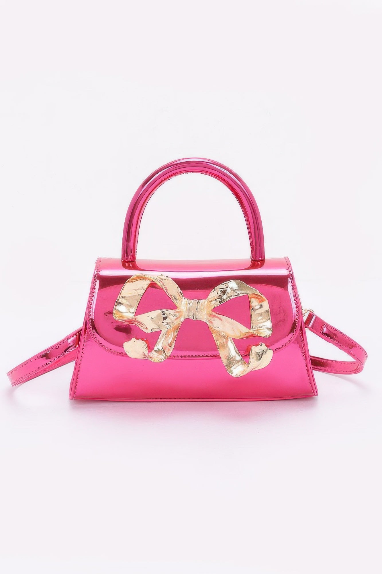 Faux Mirror Leather Ribbon Metal Top Handle Bag - Wear Arielle