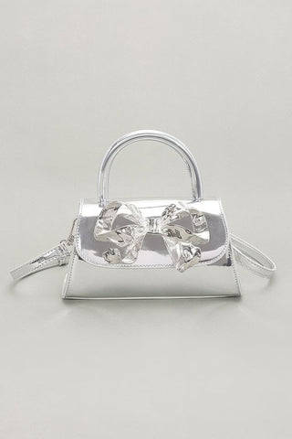 Faux Mirror Leather Ribbon Metal Top Handle Bag - Wear Arielle