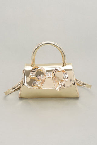 Faux Mirror Leather Ribbon Metal Top Handle Bag - Wear Arielle